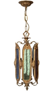 A vintage brass and coloured glass portico hanging light, early to mid 20th century, 60cm high overall.