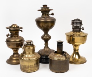 Five assorted antique and vintage brass oil lamp bases (parts only), 19th/20th century, the largest 39cm high.