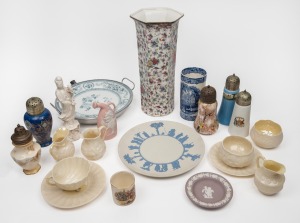 BELLEEK vintage Irish porcelain tea ware; together with five assorted English porcelain sugar castors, Chinese Blanc de Chine Guanyin statue, MEISSEN'S "Vista" antique porcelain vase, warming plate, English floral pattern vase, WEDGWOOD and jasper ware, 19th and 20th century, (21 items), the largest 32cm high.