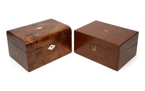 Two antique English writing boxes in walnut and oak, 19th century, both 30cm wide.