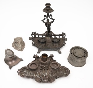 Five assorted antique and vintage desk sets and inkwells, pewter, silver plate and white metal, 19th/20th century, ​​​​​​​the largest 27cm high.