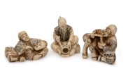 Three Japanese carved ivory netsuke with hand-painted decoration, all signed, early to mid 20th century, the largest 5cm wide.