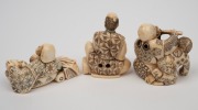 Three Japanese carved ivory netsuke with hand-painted decoration, all signed, early to mid 20th century, the largest 5cm wide. - 2