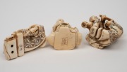 Three Japanese carved ivory netsuke with hand-painted decoration, all signed, early to mid 20th century, the largest 5cm wide. - 3