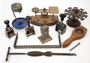 Desk calendar, antique scales, weights, office stamps, stand, unusual match holder, antique lemon squeezer, etc, 19th/20th century, (qty).