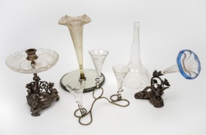 Four assorted antique glass and crystal epergnes with silver plated or mirrored bases, 19th century, the largest 41cm high.