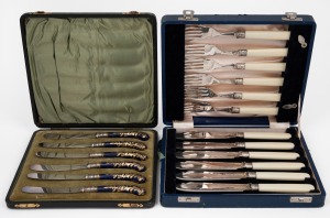 A set of six antique English porcelain pistol grip fruit knives with sterling silver collars, housed in original fitted box; together with a set of bone handled fish cutlery in original box, 19th/20th century, (2 items).