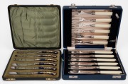 A set of six antique English porcelain pistol grip fruit knives with sterling silver collars, housed in original fitted box; together with a set of bone handled fish cutlery in original box, 19th/20th century, (2 items).