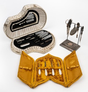 Three assorted manicure sets, mother of pearl, crystal and silver plate, 19th/20th century, ​​​​​​​the largest box 27cm wide.