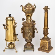 Two antique brass spirit urns; together with a cast brass oil lamp base, 19th/20th century (3 items), the largest 45cm high.