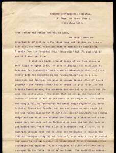 GALLIPOLI LETTER: Rare first hand account of the Gallipoli landing by a wounded soldier sent from Helaman Convalescent Hospital (Al Royal or Grand Hotel) 11th June 1915. Seven typed pages (one double sided). Note this account was hand delivered & therefor