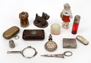 ASSORTED COLLECTABLES & ANTIQUES, including an attractive ruby glass scent bottle with sterling silver top, brass sovereign case, rosewood snuff box, novelty cork with sterling silver compartment end, lorgnette etc., 19th and 20th century, (14 items), the