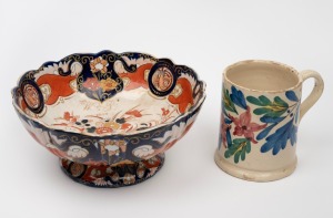 MASONS antique English stoneware bowl, emblazoned "W. J., 1842"; together with an 18th century tin glazed earthenware tankard with hand-painted floral decoration, (2 items), the tankard 13cm high.