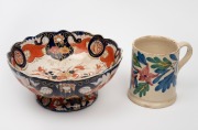 MASONS antique English stoneware bowl, emblazoned "W. J., 1842"; together with an 18th century tin glazed earthenware tankard with hand-painted floral decoration, (2 items), the tankard 13cm high.