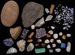 A collection of mineral specimens and fossils, polished tiger eye, amethyst, quartz, crystal etc., (qty).