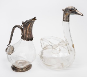 Two glass and silver plated claret jugs, one example with attractive swan head spout, 20th century, (2 items), 25cm and 28cm high.