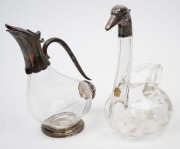 Two glass and silver plated claret jugs, one example with attractive swan head spout, 20th century, (2 items), 25cm and 28cm high. - 2
