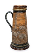 DOULTON LAMBETH impressive pottery jug with sgraffito sheep in landscape decoration by HANNAH BARLOW, bearing inscription "Presented To Mr Max Akermans As A Mark Of Esteem And A Recognition Of Many Years Of Cordial Relationship With Messrs Doulton & Co. L