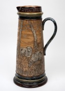 DOULTON LAMBETH impressive pottery jug with sgraffito sheep in landscape decoration by HANNAH BARLOW, bearing inscription "Presented To Mr Max Akermans As A Mark Of Esteem And A Recognition Of Many Years Of Cordial Relationship With Messrs Doulton & Co. L - 3