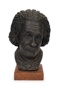 ALBERT EINSTEIN fired plaster pottery bust on wooden stand, 20th century, 28cm high overall.