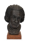ALBERT EINSTEIN fired plaster pottery bust on wooden stand, 20th century, 28cm high overall.