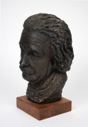 ALBERT EINSTEIN fired plaster pottery bust on wooden stand, 20th century, 28cm high overall. - 2