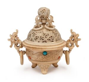 A vintage Chinese carved ivory censer with pierced decoration inlaid with turquoise and coral, 20th century, 8.5cm high, 10cm wide.