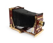 View camera, c. 1900s, plate dimensions 16 x 11.5cm, Beck Symmetrical lens and Taylor, Taylor & Hobson spirit level attachment.