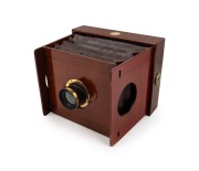 J.F. SHEW & CO.: "Eclipse" view camera, unusual gate-struts design, late-19th century, plate dimensions 16.5 x 12cm, uninscribed brass lens with ingenious aperture mechanism.