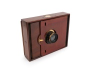 J.F. SHEW & CO.: "Eclipse" view camera, unusual gate-struts design, late-19th century, plate dimensions 16.5 x 12cm, uninscribed brass lens with ingenious aperture mechanism. - 5