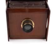 J.F. SHEW & CO.: "Eclipse" view camera, unusual gate-struts design, late-19th century, plate dimensions 16.5 x 12cm, uninscribed brass lens with ingenious aperture mechanism. - 6