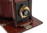 ROCHESTER OPTICAL CO.: "Pony Premo No. 3" folding camera, c. 1898, plate dimensions approx. 18 x 14cm, vivid red bellows, Wollensak pneumatic shutter. - 2