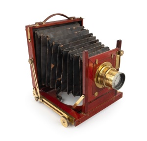 View camera, late 19th century, plate dimensions 16.5 x 20cm, brass lens engraved "R.O.J.A. vorm. Emil Busch A-G Rathenow - Busch-Bis-Telar F:9 No.3 Foc. 14.ins.".