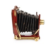 View camera, late 19th century, plate dimensions 16.5 x 20cm, brass lens engraved "R.O.J.A. vorm. Emil Busch A-G Rathenow - Busch-Bis-Telar F:9 No.3 Foc. 14.ins.". - 2