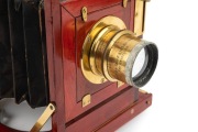 View camera, late 19th century, plate dimensions 16.5 x 20cm, brass lens engraved "R.O.J.A. vorm. Emil Busch A-G Rathenow - Busch-Bis-Telar F:9 No.3 Foc. 14.ins.". - 4