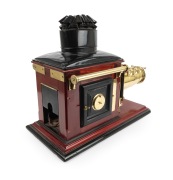Large c. 1890s mahogany and brass MAGIC LANTERN with impressive triple-extension lens, tin chimney element, two side-opening doors with blue glass peepholes, and finely carved base; later retrofitted for electricity, dimensions approx. 46 x 30 x 64cm. - 3