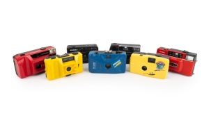 PLASTIC POINT-AND-SHOOT CAMERAS: Diverse 1980s-90s group comprising Hanimex Date, Hanimex 35D, Kafon KA-501, Longbeach PC-606, "Showbag Carousel", Yashica Electro 35 AF-Mini, and Yashica Partner AF (red). (7 items)