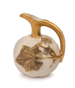 ROYAL WORCESTER antique English porcelain melon shaped jug with gilt decorated highlights, puce factory mark to base, 18cm high.