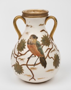 ROYAL BONN antique German porcelain two handled vase with bird and butterfly decoration, 19th century, impressed factory mark to base, 14cm high.