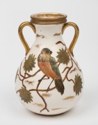 ROYAL BONN antique German porcelain two handled vase with bird and butterfly decoration, 19th century, impressed factory mark to base, 14cm high.