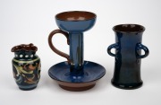 TORQUARY WARE English pottery candlestick with bird decoration; together with two vases, early 20th century, (3 items), factory marks to base, ​​​​​​​the largest 14cm high. - 2