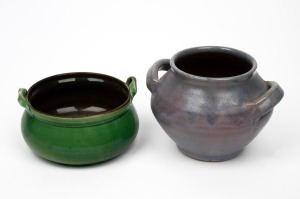 UPCHURCH mauve glazed English pottery vase; together with a WATCOMB green glazed English pottery bowl, early 20th century, (2 items), the larger 10cm high, 15cm across the handles.