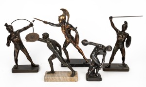 Five assorted vintage cast metal classical Greek warrior statuettes, mid 20th century, the largest 32cm high.