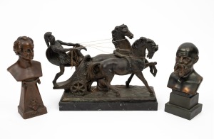 A vintage cast metal bust of SOCRATESA, together with GOETHE bust, and a statuette of Hector in a chariot, mid 20th century, (3 items), the chariot 26cm long.