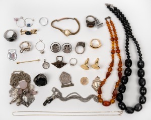Assorted beaded necklaces, costume jewellery, silver jewellery, badges, wristwatch etc., (qty).