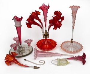 Three antique English glass epergnes (A/F); together with assorted spare parts, 19th century, the largest 48cm high.