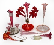Three antique English glass epergnes (A/F); together with assorted spare parts, 19th century, the largest 48cm high.