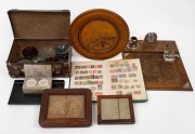 Desk sets, ink pot, stamp album, timber plaque, glass signal lamp lenses etc., (qty).