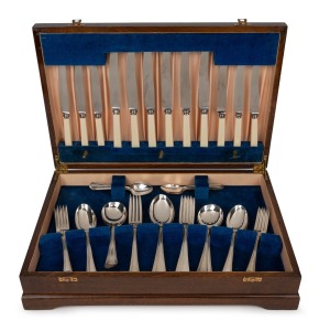 A vintage silver plated cutlery service with bone handles in canteen, early to mid 20th century, the canteen 46cm wide.