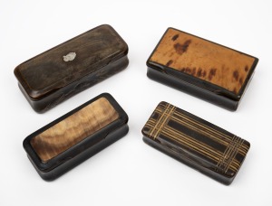Four assorted Georgian snuff boxes, crafted in horn and tortoiseshell, 18th/19th century, the largest 9.5cm wide.